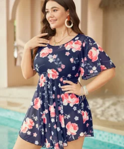 Floral Mesh Ruffle Sleeve Cut Out Adjustable Straps Swim Dress -Clothing Shop 544014419 ja