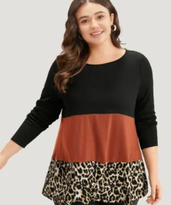 Colorblock Leopard Contrast Round Neck T-shirt -Clothing Shop 5444542 nh 1a988a31 e673 4002 975a 24749cb92f61