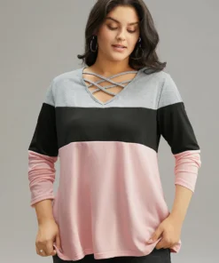 Colorblock Contrast Crisscross V Neck Sweatshirt
