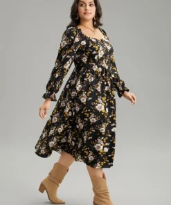 Floral Print Notched Frill Trim Gathered Shirred Dress 12 Floral Print Notched Frill Trim Gathered Shirred Dress -Clothing Shop 545711187 np