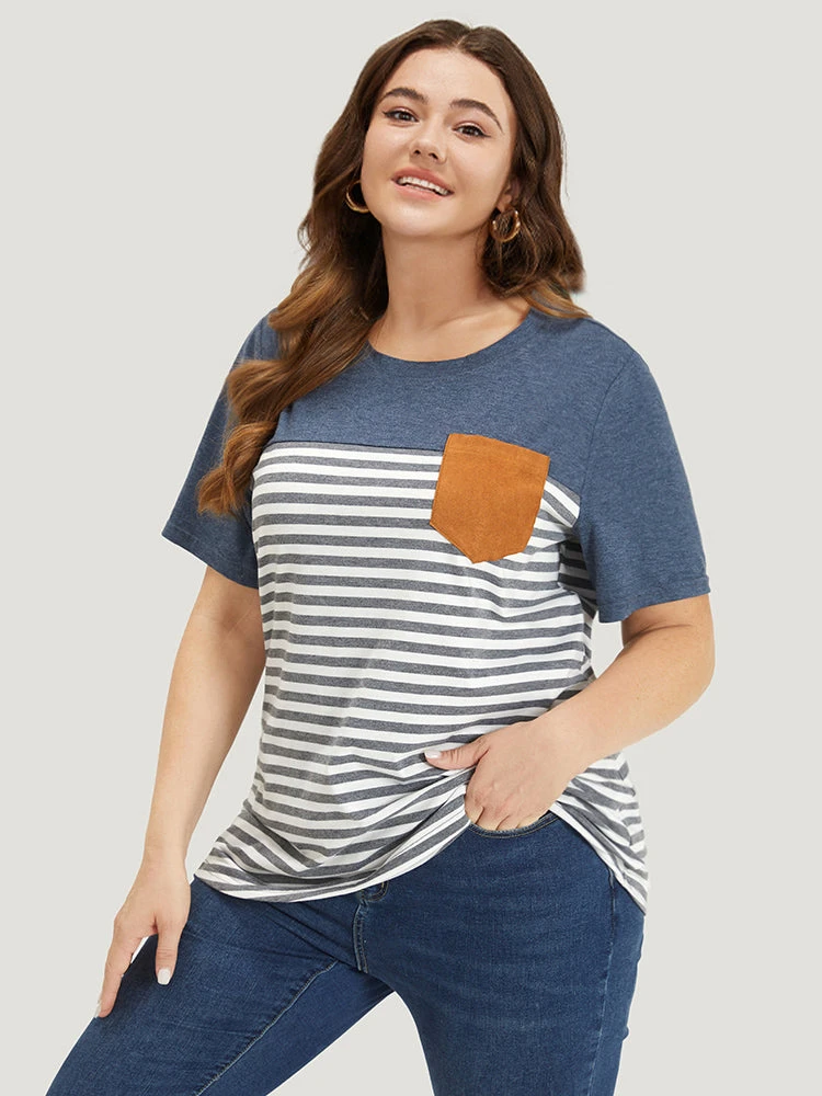 Striped Patchwork Round Neck Patched Pocket T-shirt 5 Striped Patchwork Round Neck Patched Pocket T-shirt - Image 3