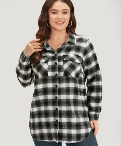 Plaid Arc Hem Pocket Button Through Shirt Collar Coat -Clothing Shop 546111336 tl b3a806de fdbf 487e ad1f 420eecd25b9a