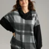 Plaid Patchwork Mock Neck Button Detail Sweatshirt