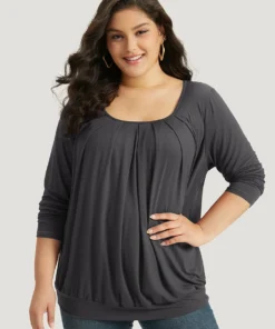 Plain Pleated Round Neck T-shirt -Clothing Shop 546890566 oo