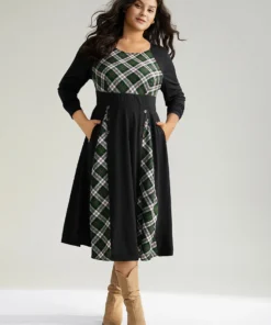 Christmas Plaid Patchwork Button Detail Dress -Clothing Shop 547046000 po