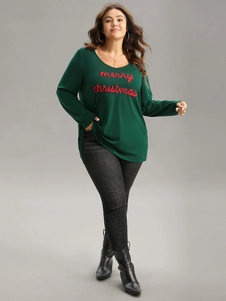Christmas Letter Embroidered Contrast T-shirt 7 Christmas Letter Embroidered Contrast T-shirt - Image 5