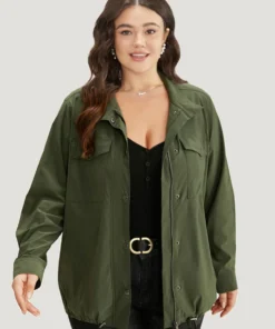 Plain Drawstring Hem Zipper Fly Flap Pocket Jacket