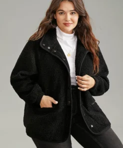 Solid Button Through Teddy Coat