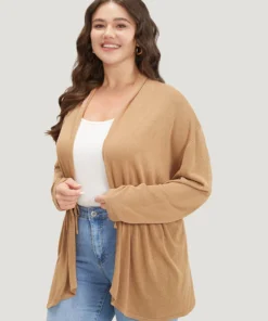 Plain Drawstring Bowknot Front Drop Shoulder Cardigan -Clothing Shop 548336254 vc
