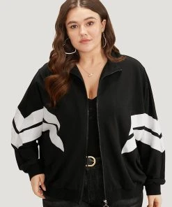 Striped Geometric Mock Neck Zipper Jacket -Clothing Shop 548944455 rp