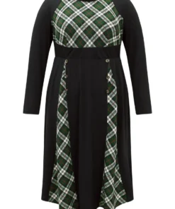 Christmas Plaid Patchwork Button Detail Dress -Clothing Shop 549689629 lp