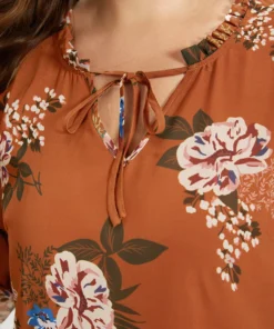 Floral Print Knot Neck Frill Trim Mesh Bell Sleeve Blouse -Clothing Shop 549969140 jw