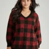 Plaid V Neck Lantern Sleeve Loose Pullover -Clothing Shop 550288009 fj
