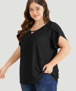 Plain Geometric Eyelet Keyhole Petal Sleeve T-shirt -Clothing Shop 550360711 hu b01ab133 1fc7 44ab b2ae 9019c7942fd6