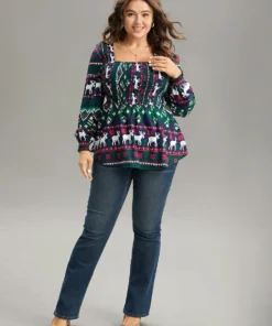 Christmas Elk Shirred Square Neck Blouse -Clothing Shop 550657493 hp