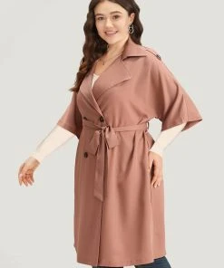 Plain Pocket Button Up Belted Lapel Collar Coat -Clothing Shop 551040784 wi c2081379 2b05 4a97 9b9e 66193a1fae41