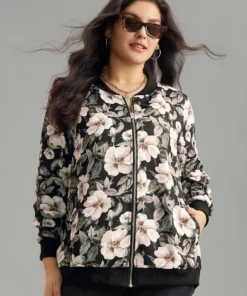 Floral Print Patchwork Zipper Jacket -Clothing Shop 551094547 pm