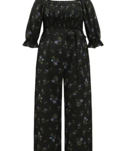 Floral Print Shirred Belted Square Neck Frill Trim Jumpsuit -Clothing Shop 551116309 im