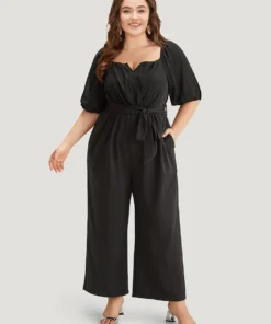 Plain Square Neck Pocket Belted Zipper Jumpsuit