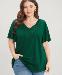 Solid Ruffle Sleeve Lace V Neck T-shirt