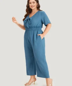 Textured Bowknot V Neck Shirred Pocket Jumpsuit -Clothing Shop 552331663 dx