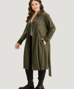Plain Lapel Collar Pocket Belted Faux Suede Coat -Clothing Shop 552777961 ly
