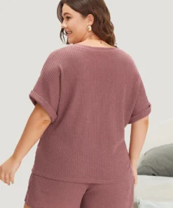 Waffle Knit Notched Roll Batwing Sleeve Sleep Top 12 Waffle Knit Notched Roll Batwing Sleeve Sleep Top -Clothing Shop 552928005 ne