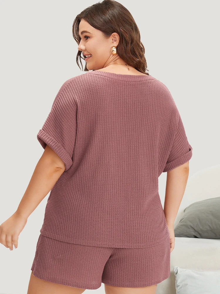 Waffle Knit Notched Roll Batwing Sleeve Sleep Top 4 Waffle Knit Notched Roll Batwing Sleeve Sleep Top - Image 2