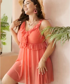 Knotted Ruffle Trim V Neck Mesh Hem Swim Dress -Clothing Shop 553477194 ut