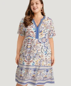 Boho Print Pocket Notched Ruffle Hem Dolman Sleeve Dress 11 Boho Print Pocket Notched Ruffle Hem Dolman Sleeve Dress -Clothing Shop 553637947 so