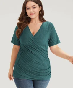 Solid Heather Overlap Collar Gathered T-shirt 29 Solid Heather Overlap Collar Gathered T-shirt -Clothing Shop 553974645 ez