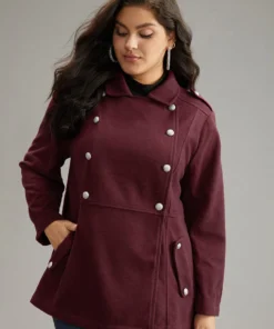 Solid Button Detail Pocket Lapel Collar Coat