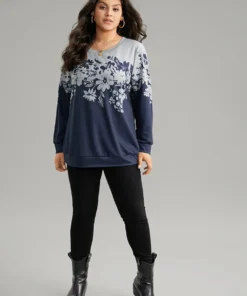 Silhouette Floral Print Contrast Round Neck Sweatshirt -Clothing Shop 555099997 xs
