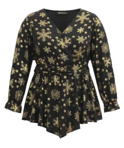 Glitter Snowflake Elastic Waist Ruched Wrap Blouse 21 Glitter Snowflake Elastic Waist Ruched Wrap Blouse -Clothing Shop 555194698 zg