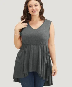 Plain Ruffle Pocket High Low Hem Tank Top
