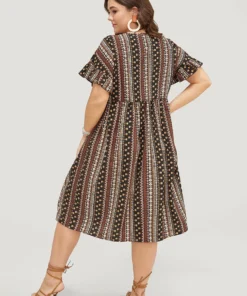 Bandana Print Pocket V Neck Ruffle Sleeve Dress -Clothing Shop 555420829 oz