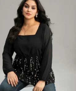 Sequin Mesh Patchwork Square Neck Blouse