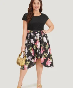 Floral Print Patchwork Pocket Belted Asymmetrical Hem Dress