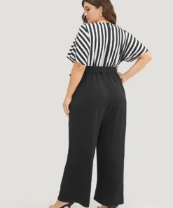 Striped Patchwork Pocket Batwing Sleeve Belted Wrap Jumpsuit 30 Striped Patchwork Pocket Batwing Sleeve Belted Wrap Jumpsuit -Clothing Shop 55612780 vo