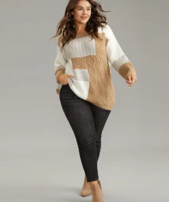 Cable Knit Colorblock Patchwork Pullover -Clothing Shop 556226857 ev