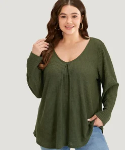 Plain Waffle Knit Scoop Neck Plicated Detail T-shirt