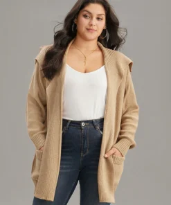 Solid Lapel Collar Pocket Open Front Cardigan -Clothing Shop 556383636 mi