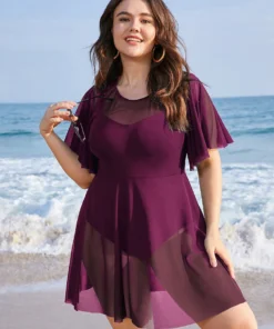 Solid Mesh Patchwork Ruffle Sleeve Swim Dress -Clothing Shop 556753507 yd 9b20d1f3 7565 4ec8 b955 3944aa20bc40
