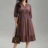 Solid Notched Lantern Sleeve Shirred Dress