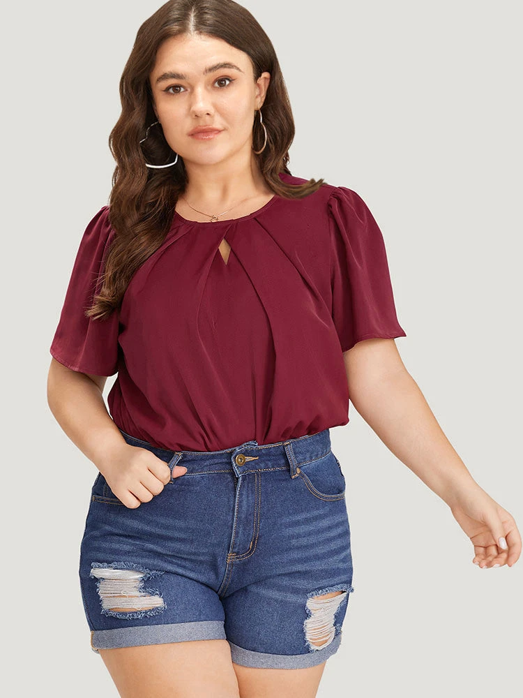 Plain Keyhole Plicated Detail Puff Sleeve Bodysuit 3 Plain Keyhole Plicated Detail Puff Sleeve Bodysuit