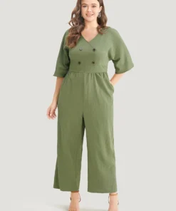 Solid Wrap Button Detail Batwing Sleeve Zip Back Jumpsuit 7 Solid Wrap Button Detail Batwing Sleeve Zip Back Jumpsuit -Clothing Shop 557302976 ge