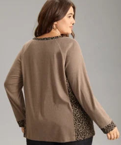 Leopard Patchwork V Neck Raglan Sleeve T-shirt -Clothing Shop 557363325 tf