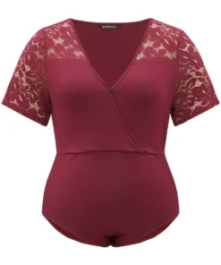 Plain Crochet Lace Mesh Surplice Neck Bodysuit -Clothing Shop 557374659 fk