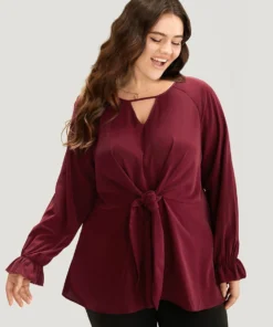 Anti-Wrinkle Twist Front Keyhole Ties Blouse
