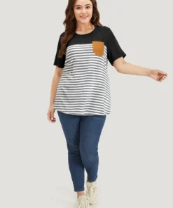 Striped Patchwork Round Neck Patched Pocket T-shirt 37 Striped Patchwork Round Neck Patched Pocket T-shirt -Clothing Shop 557842256 tv 8af4ab37 65f4 47b1 aec9 431ab37cacf9
